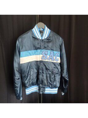 Vintage 1960s SAC Sacramento Blue Satin Varsity Bomber Jacket  Snap Speedline